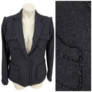 Jones New York Blazer Womens Size 10 Jacket Tweed Blue Fringe Wool Snap Office